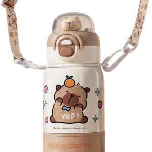Capybara Cute Water Bottle with Straw(White)